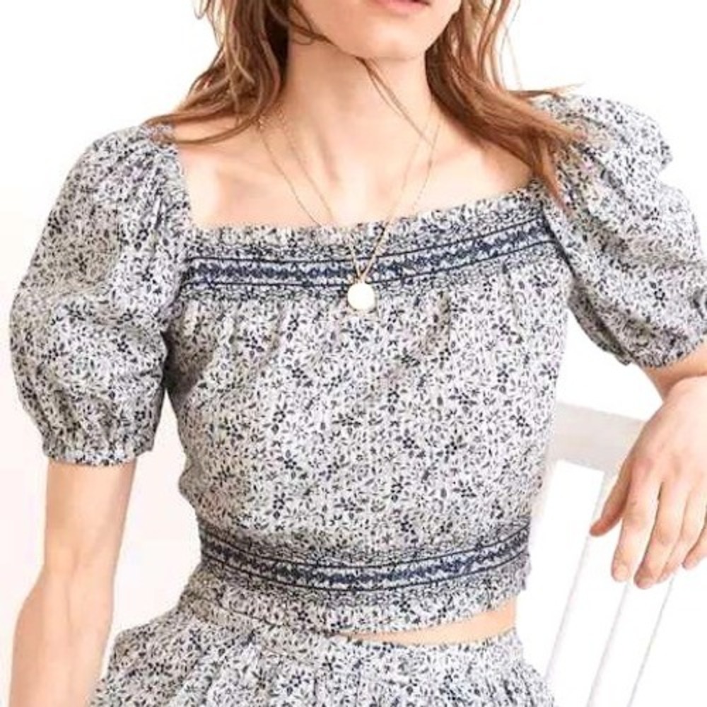 Madewell Jeanette Floral Smocked Puff Sleeve Crop Top Blue Sz M 100%‎ Cotton NWT